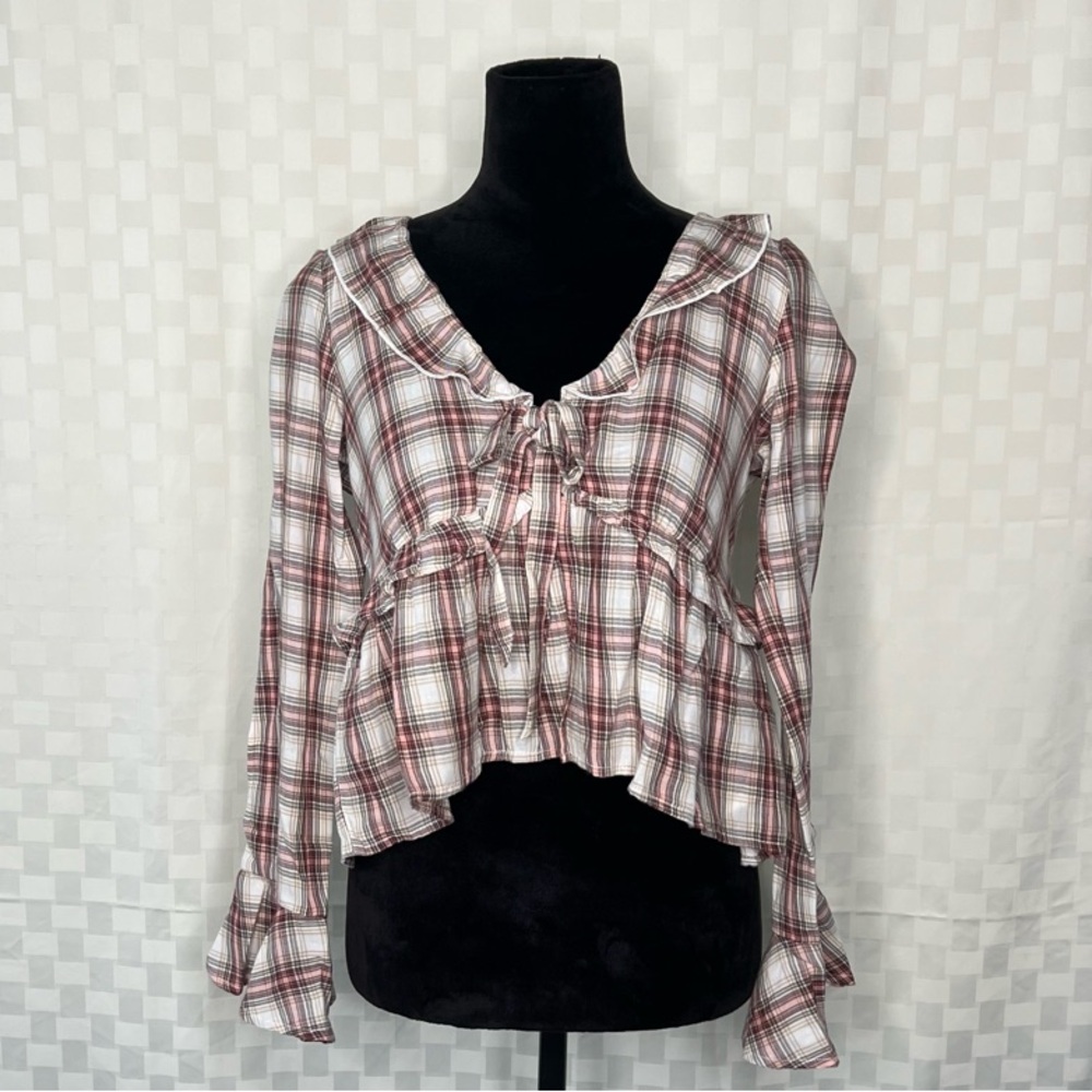 AE Long-Sleeve Ruffle Tie Front Shirt